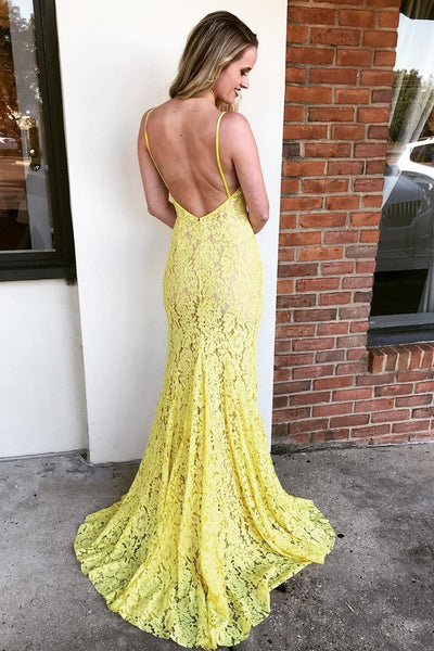 Mermaid V Neck Backless Lace Yellow Prom Dresses with Side Split, Yellow Lace Formal Dresses, Lace Evening Dresses 2019