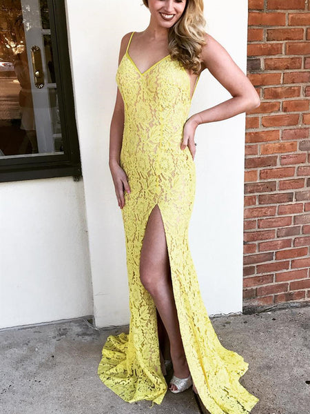 Mermaid V Neck Backless Lace Yellow Prom Dresses with Side Split, Yellow Lace Formal Dresses, Lace Evening Dresses 2019