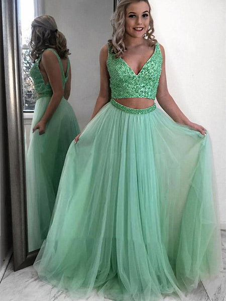 Mint Green A Line V Neck Two Piecee Beading Tulle Long Prom Dresses, Two Piece Green Formal Graduation Evening Dresses
