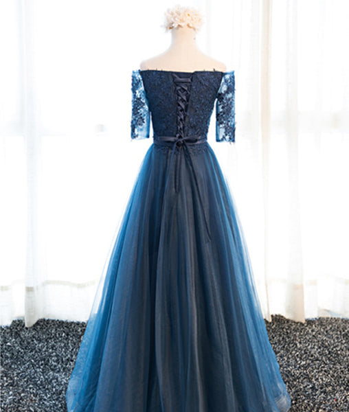 Navy Blue Half Sleeves Lace Long Prom Dresses, Navy Blue Lace Formal Dresses