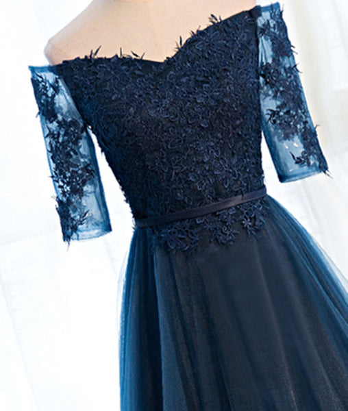 Navy Blue Half Sleeves Lace Long Prom Dresses, Navy Blue Lace Formal Dresses