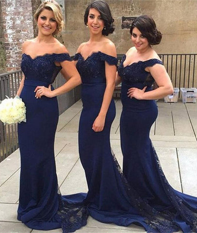 Navy Blue Off Shoulder Beaded Lace Prom Dresses, Blue Bridesmaid Dresses, Lace Prom Gown