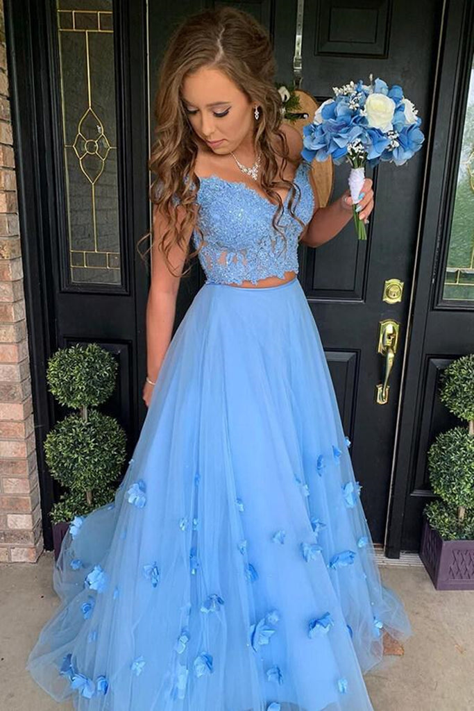 Off Shoulder 2 Pieces Light Blue Lace Long Prom Dress, Off the Shoulde abcprom Off Shoulder 2 Pieces Light Blue Lace Long Prom Dress, Off the Shoulde abcprom