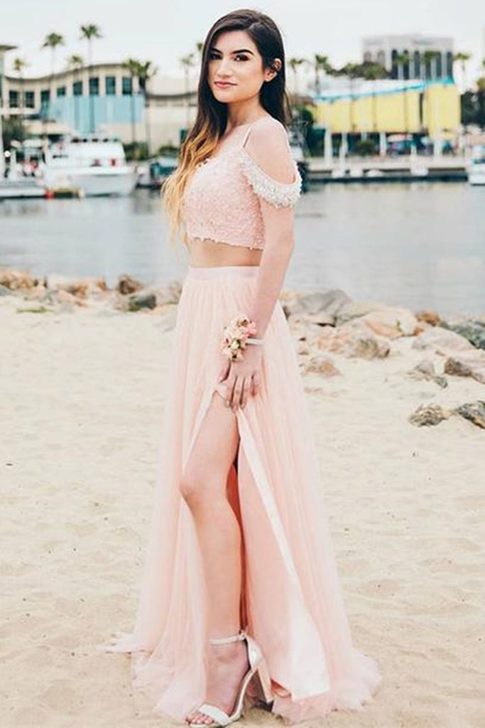 Off Shoulder 2 Pieces Pink Lace Long Prom Dress, Two Pieces Pink Lace Formal Dress, Pink Lace Evening Dress