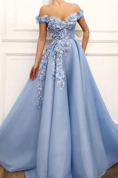 Off Shoulder Baby Blue Lace Long Floral Prom Dress, Blue Lace Floral Formal Evening Dress