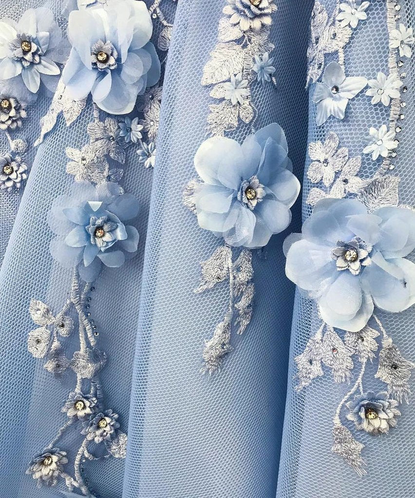 Off Shoulder Baby Blue Lace Long Floral Prom Dress, Blue Lace Floral F