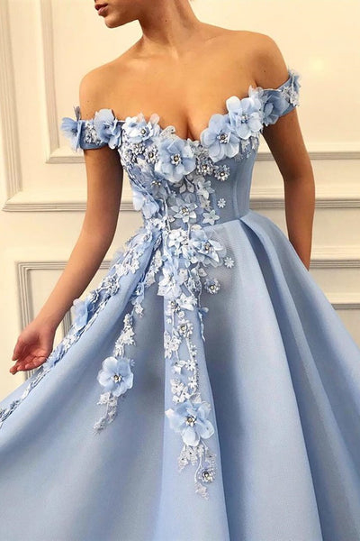 Off Shoulder Baby Blue Lace Long Floral Prom Dress, Blue Lace Floral Formal Evening Dress