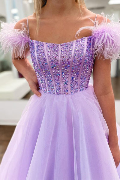 Off Shoulder Beaded Lilac Tulle Long Prom Dresses, Off the Shoulder Purple Formal Dresses, Purple Evening Dresses A1849