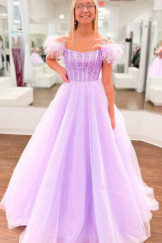 Off Shoulder Beaded Lilac Tulle Long Prom Dresses, Off the Shoulder Purple Formal Dresses, Purple Evening Dresses A1849