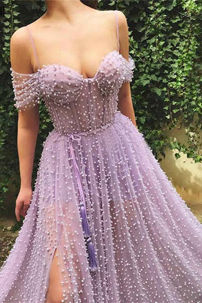 Off Shoulder Beaded Purple Long Prom Dress with High Slit, Purple Tulle Long Formal Evening Dress with Pearls A1411