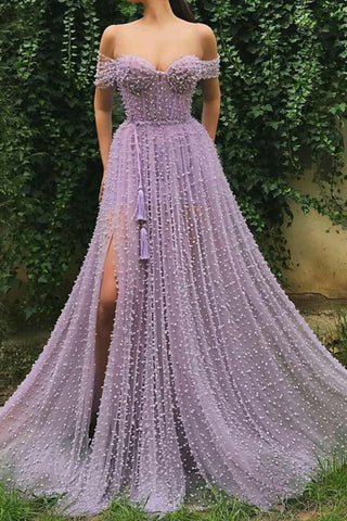 Off Shoulder Beaded Purple Long Prom Dress with High Slit, Purple Tulle Long Formal Evening Dress with Pearls A1411