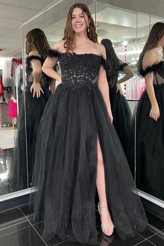 Off Shoulder Black Lace Beaded Long Prom Dress with High Slit, Black Lace Formal Dress, Black Evening Dress A1817