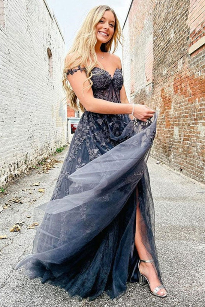 Off Shoulder Black Lace Long Prom Dress with High Slit
