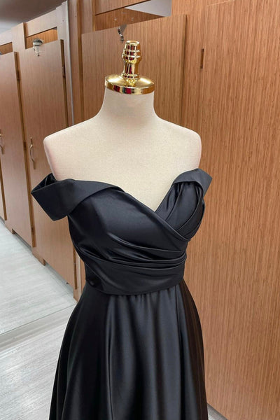Off Shoulder Black Satin Long Prom Dress, Long Black Formal Graduation Evening Dress A1699