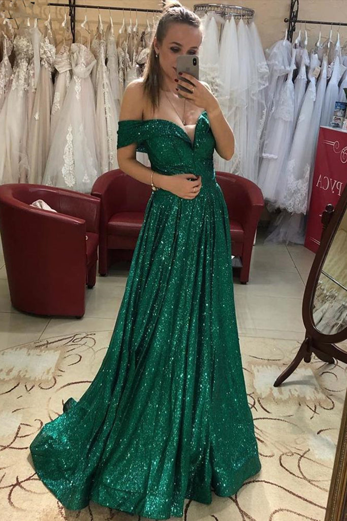 Off Shoulder Bling Bling Green Sequins Long Prom Dress, Off the Should abcprom Off Shoulder Bling Bling Green Sequins Long Prom Dress, Off the Should abcprom