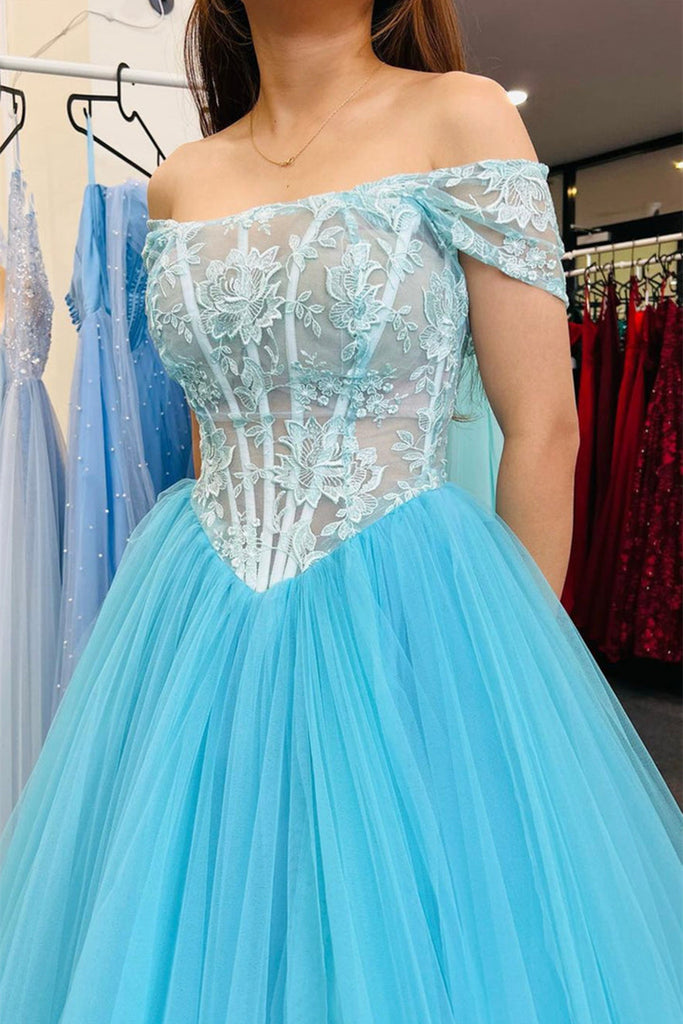 Off Shoulder Blue Lace Tulle Long Prom Dress, Off the Shoulder Blue Fo
