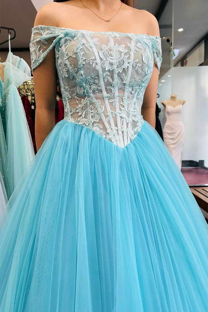 Off Shoulder Blue Lace Tulle Long Prom Dress, Off the Shoulder Blue Fo