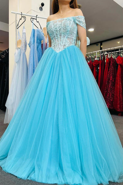 Off Shoulder Blue Lace Tulle Long Prom Dress, Off the Shoulder Blue Formal Dress, Blue Lace Evening Dress A1688