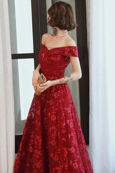 Off Shoulder Burgundy Lace Appliques Long Prom Dress, Off Shoulder Burgundy Formal Dress, Burgundy Lace Evening Dress