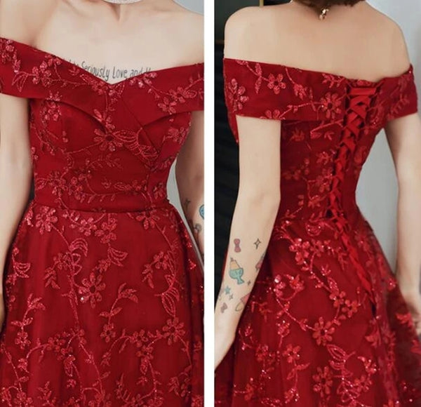 Off Shoulder Burgundy Lace Appliques Long Prom Dress, Off Shoulder Burgundy Formal Dress, Burgundy Lace Evening Dress