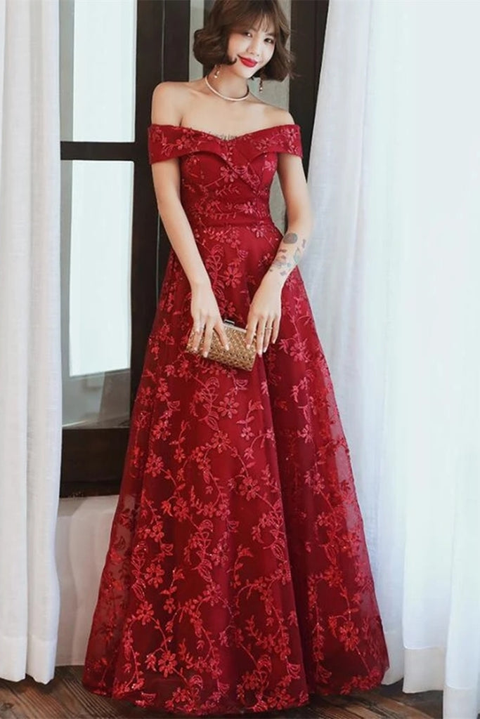 Off Shoulder Burgundy Lace Appliques Long Prom Dress, Off Shoulder Bur –  abcprom