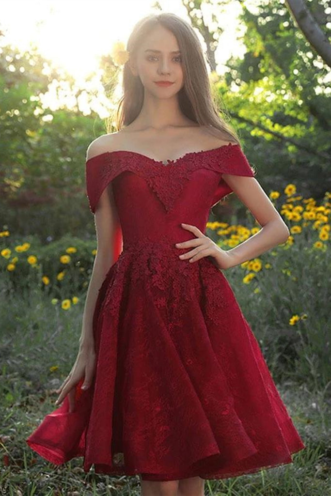 Off Shoulder Burgundy Lace Prom Dress, Off the Shoulder Burgundy Homec
