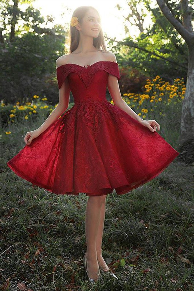 Off Shoulder Burgundy Lace Prom Dress, Off the Shoulder Burgundy Homec