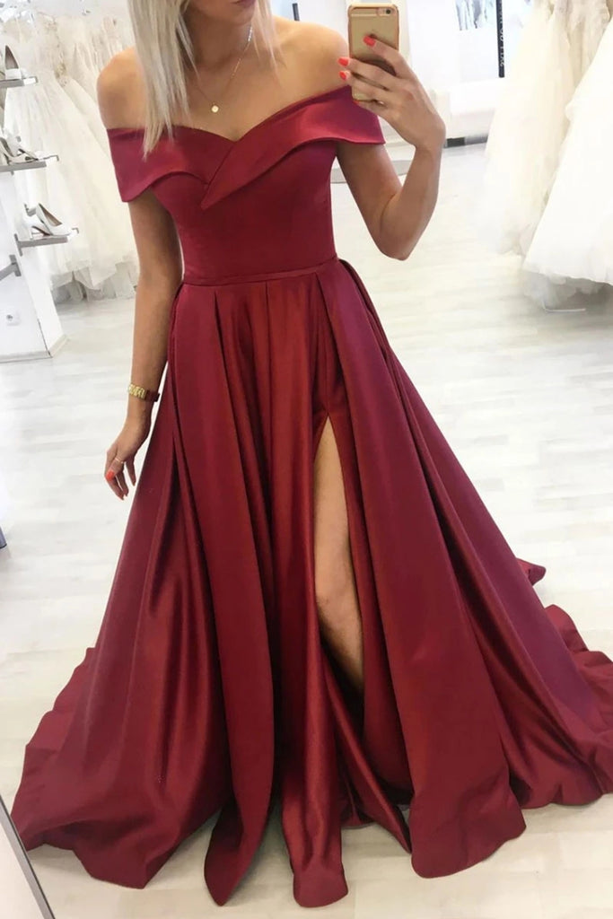 Off Shoulder Burgundy Satin Long Prom Dress with Slit, Off Shoulder Burgundy Formal Dress, Burgundy Evening Dress