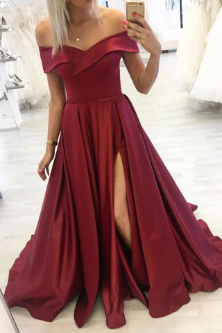 Off Shoulder Burgundy Lace Appliques Long Prom Dress, Off Shoulder