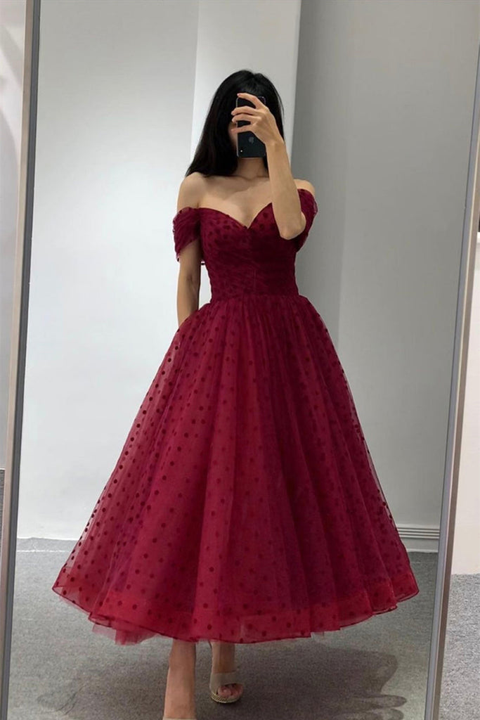 Off Shoulder Burgundy Tulle Tea Length Prom Homecoming Dress, Burgundy abcprom Off Shoulder Burgundy Tulle Tea Length Prom Homecoming Dress, Burgundy abcprom