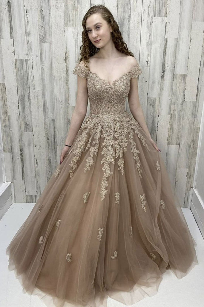Off Shoulder Champagne Lace Long Prom Dress, Champagne Lace Formal Dress, Champagne Evening Dress A1303
