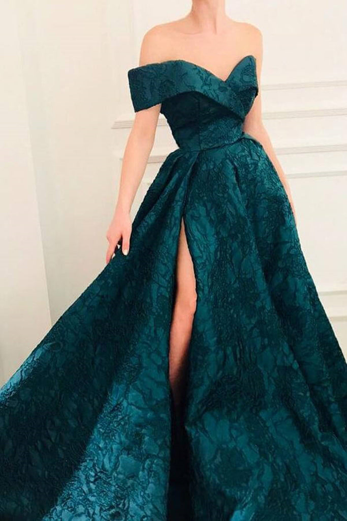 Off Shoulder Dark Green Lace Long Prom Dresses with High Slit, Dark Green Lace Formal Evening Dresses A1405