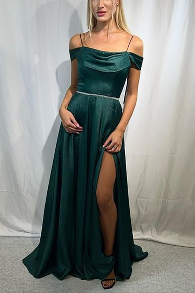 Off Shoulder Dark Green Long Prom Dress with High Slit, Green Formal Graduation Evening Dress with Belt A1730