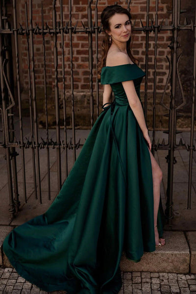 Off Shoulder Dark Green Satin Long Prom Dress with High Slit, Dark Green Formal Graduation Evening Dress with Train A1584