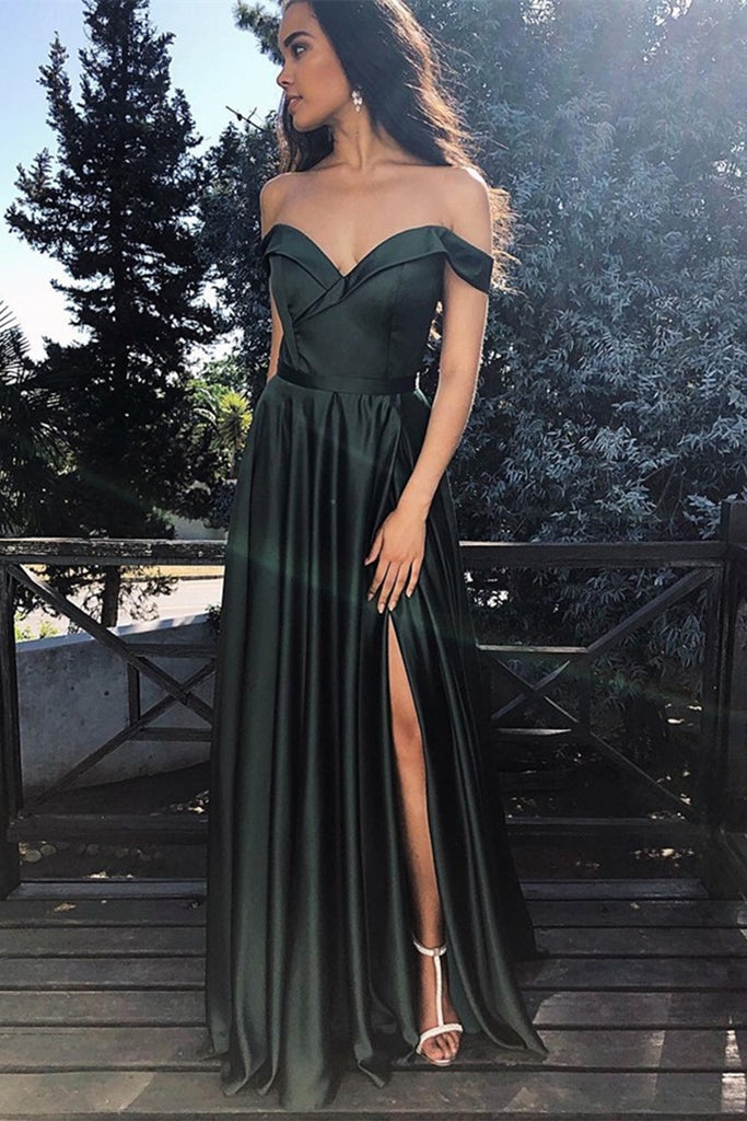 Off Shoulder Dark Green Satin Long Prom Dress with High Slit, Off Shoulder Dark Green Formal Graduation Evening Dress