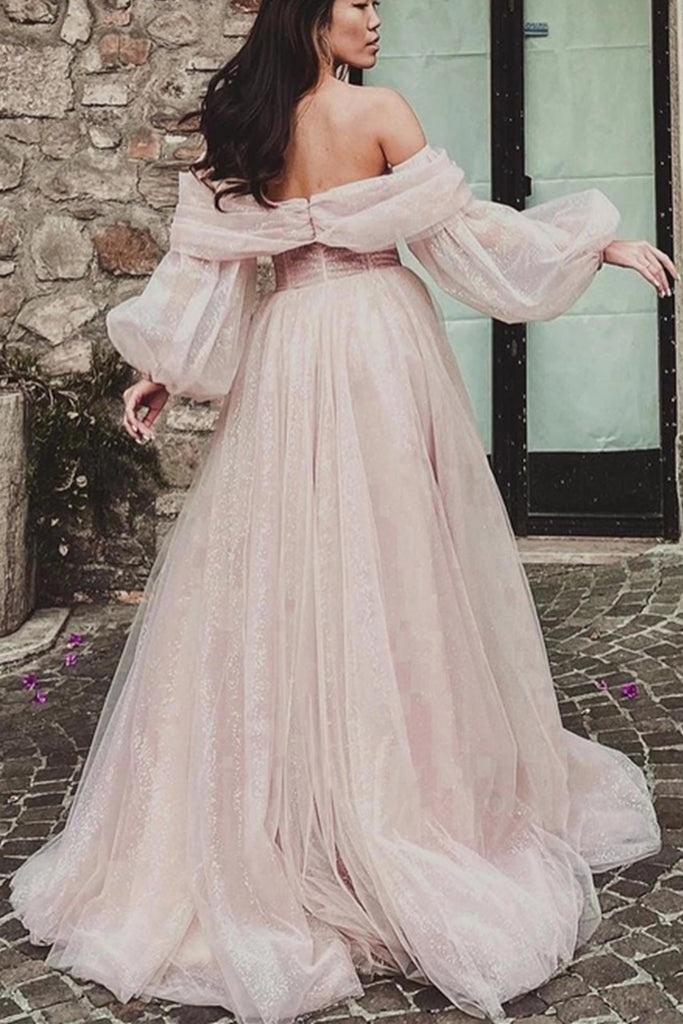 Off Shoulder Dusty Pink Tulle Long Prom Dress with High Slit, Shiny Du abcprom Off Shoulder Dusty Pink Tulle Long Prom Dress with High Slit, Shiny Du abcprom