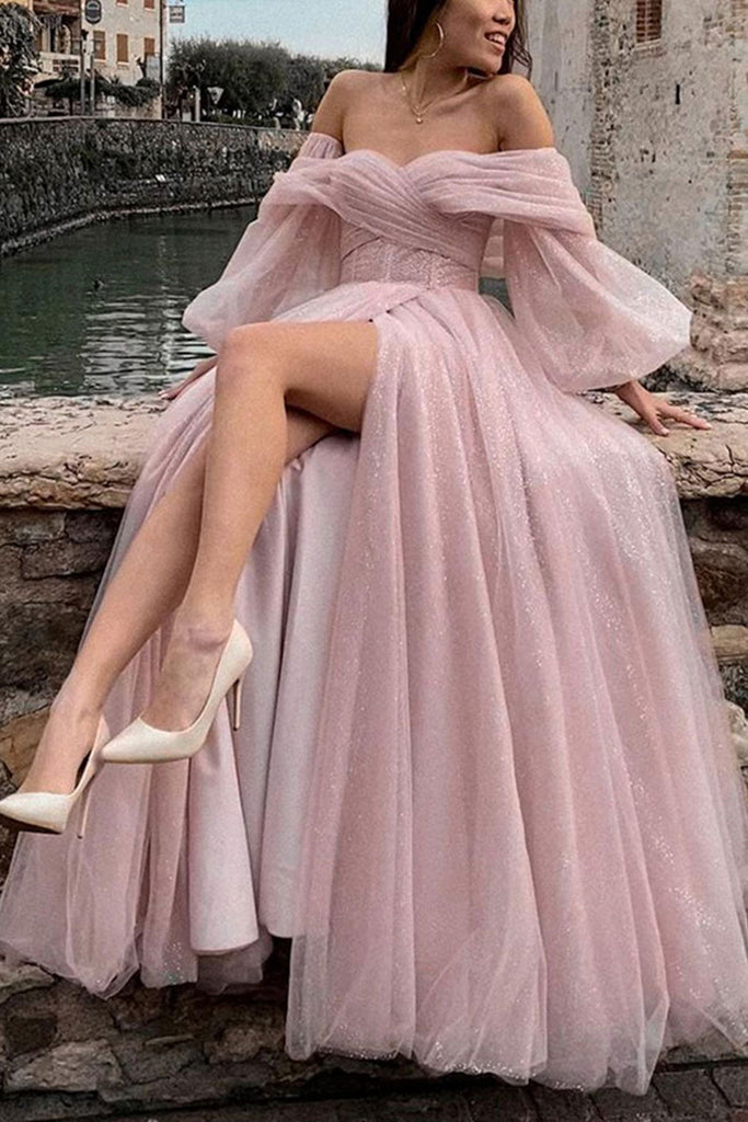 Off Shoulder Dusty Pink Tulle Long Prom Dress with High Slit, Shiny Du abcprom Off Shoulder Dusty Pink Tulle Long Prom Dress with High Slit, Shiny Du abcprom