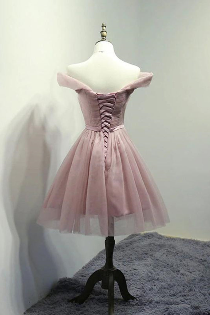 Pink Short A-line Off the Shoulder Tulle Lace Prom Homecoming Dresses