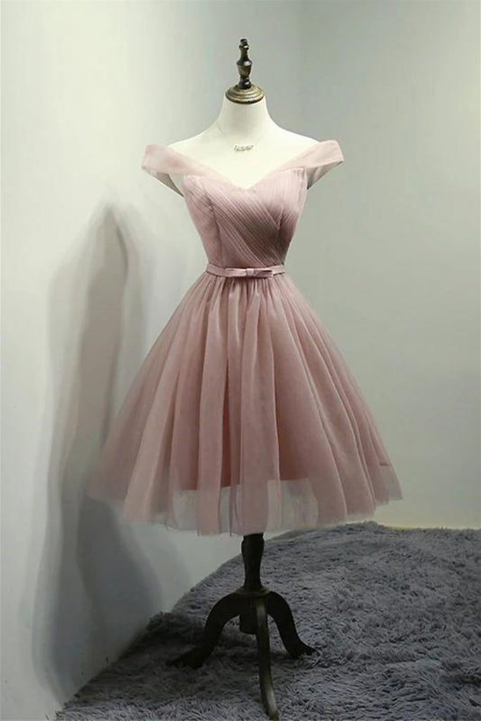 Off Shoulder Dusty Pink Tulle Short Prom Homecoming Dress, Short Pink abcprom Off Shoulder Dusty Pink Tulle Short Prom Homecoming Dress, Short Pink abcprom