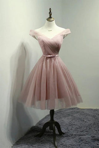 Off Shoulder Dusty Pink Tulle Short Prom Homecoming Dress, Short Pink Formal Graduation Evening Dress A1644