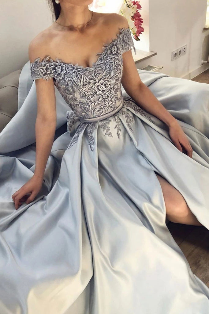 Off Shoulder Gray Lace Appliques Long Prom Dress with High Slit, Off the Shoulder Gray Lace Formal Graduation Evening Dress