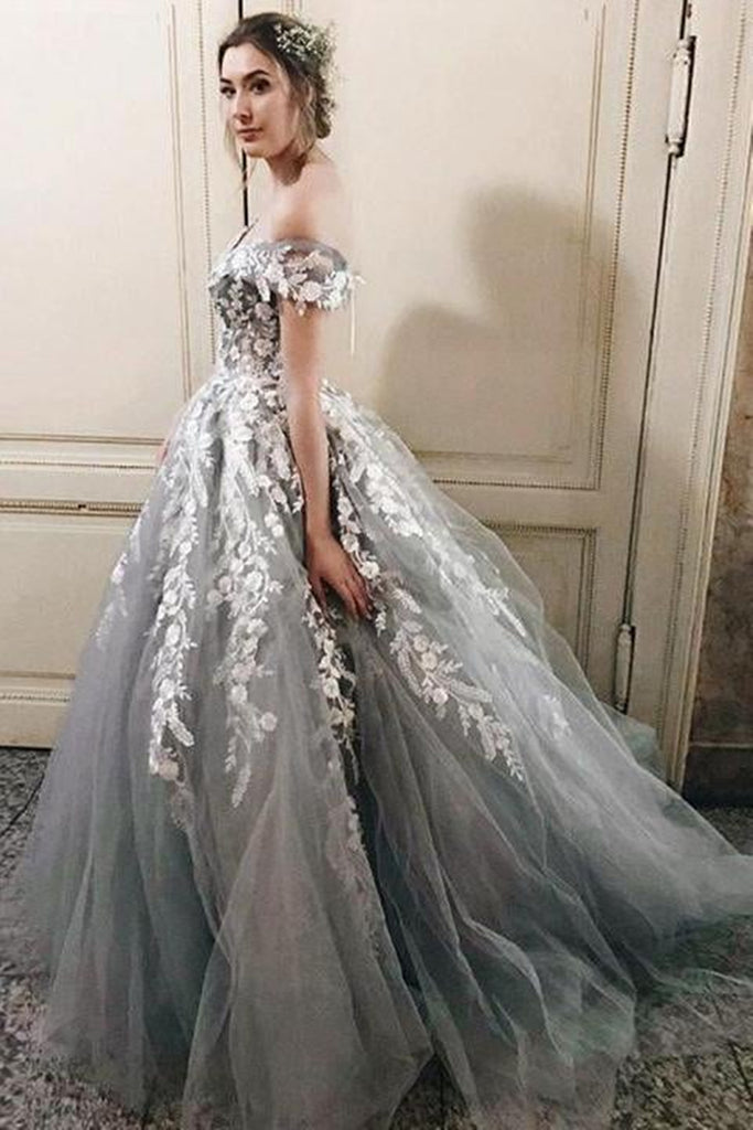 wedding dress grey color Unique Grey Blue Chiffon Off Shoulder Wedding Dresses, Bridal Gown, MW592