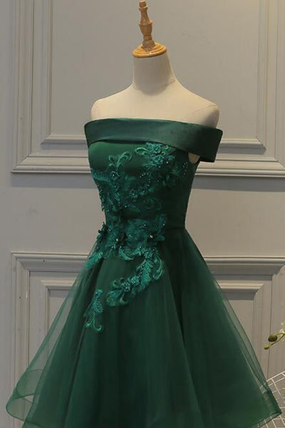 Off Shoulder Green Lace Floral Prom Dress, Short Green Lace Homecoming Dress, Green Formal Evening Dress A1664
