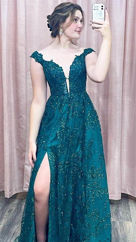 Off Shoulder Green Lace Sequins Long Prom Dress with High Slit