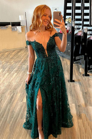 Off Shoulder Green Lace Sequins Long Prom Dress with High Slit, Off the Shoulder Green Formal Dress, Green Lace Evening Dress A1391