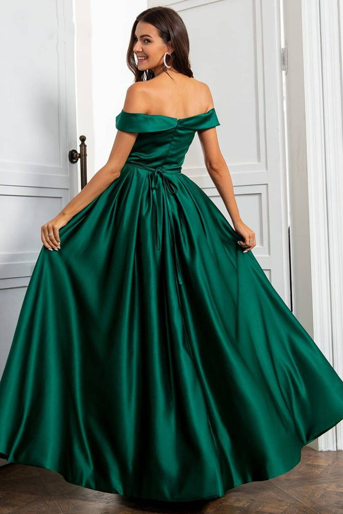 Off Shoulder Green Satin Long Prom Dress, Long Green Formal Graduation