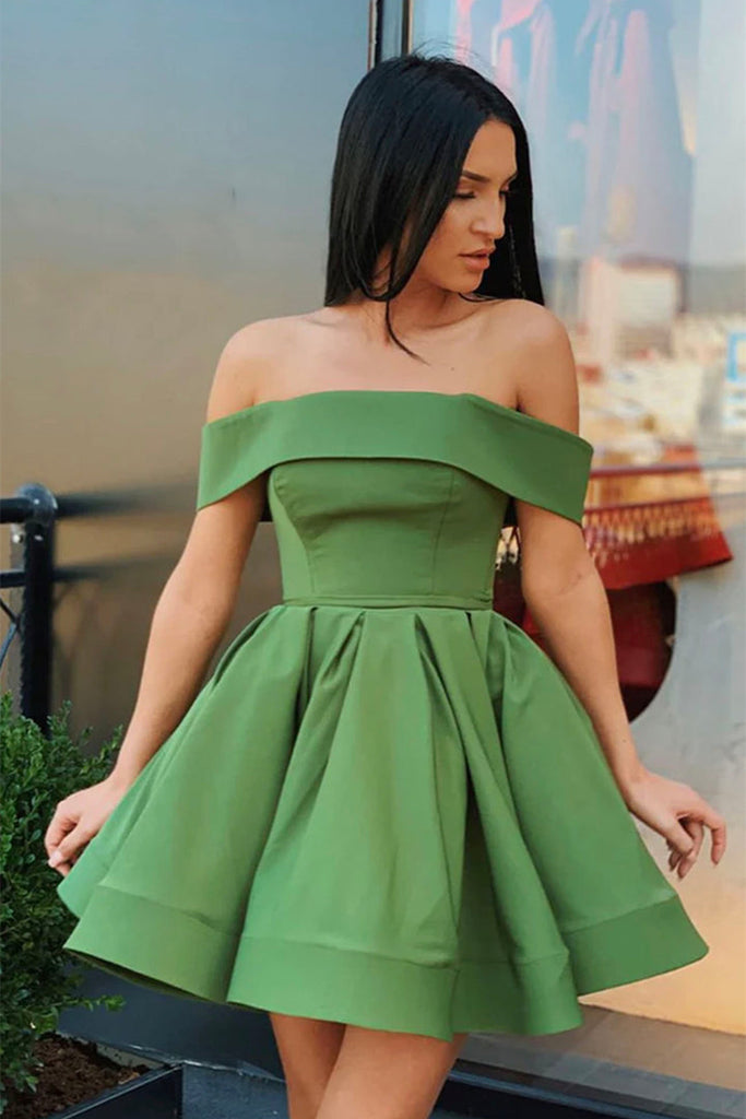 Off Shoulder Green Satin Short Prom Homecoming Dress, Short Green Form abcprom Off Shoulder Green Satin Short Prom Homecoming Dress, Short Green Form abcprom