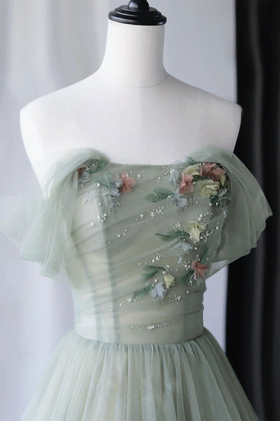 Off Shoulder Green Tulle Floral Long Prom Dresses, Off the Shoulder Green Formal Evening Dresses with 3D Flowers A1860