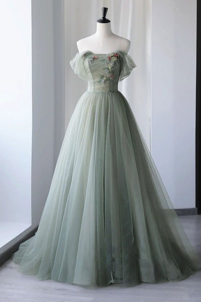 Off Shoulder Green Tulle Floral Long Prom Dresses, Off the Shoulder Green Formal Evening Dresses with 3D Flowers A1860
