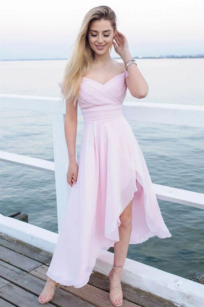 Off Shoulder High Low Pink Chiffon Prom Dress, High Low Pink Formal Gr abcprom Off Shoulder High Low Pink Chiffon Prom Dress, High Low Pink Formal Gr abcprom